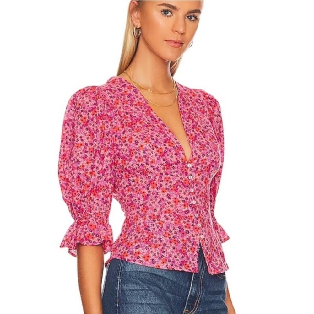 Free People I Found You Pink Floral Print Blouse size small NWTS Puff Sleeves
